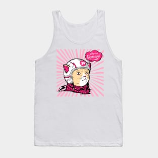 Comic cartoon with a cute retro motorized cat in pink colors with the phrase in Spanish: Hurry, hurry! Tank Top